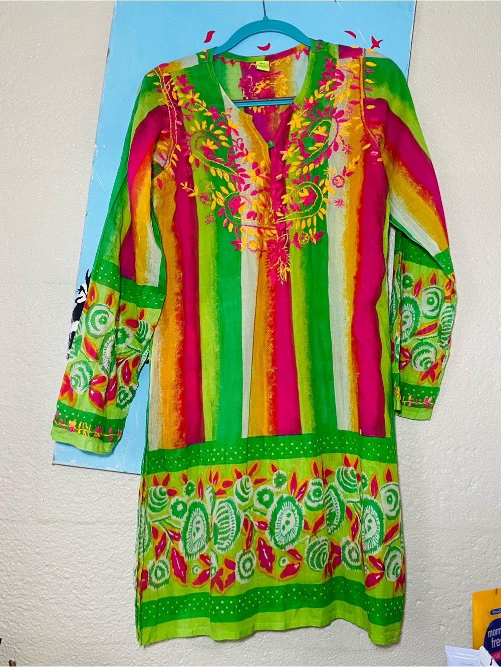 Raj Green & Pink Striped Embroidered Kurta Dress